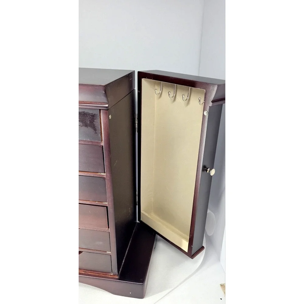 Large Wood Jewelry Box Armoire Mirror 5 Drawers Side Doors Necklace Storage